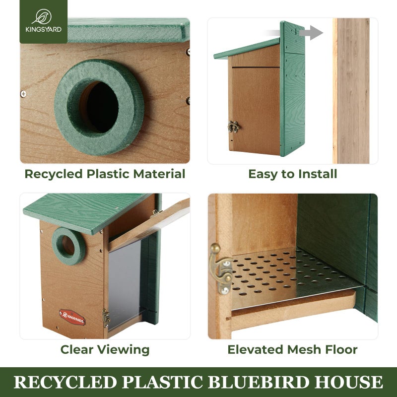 Kingsyard Recycled Plastic Bird House for Outdoor - Durable Nesting Box with Clear View Panel & Predator Guard for Bluebird Wren Swallow Finch, Green & Brown - Image 5