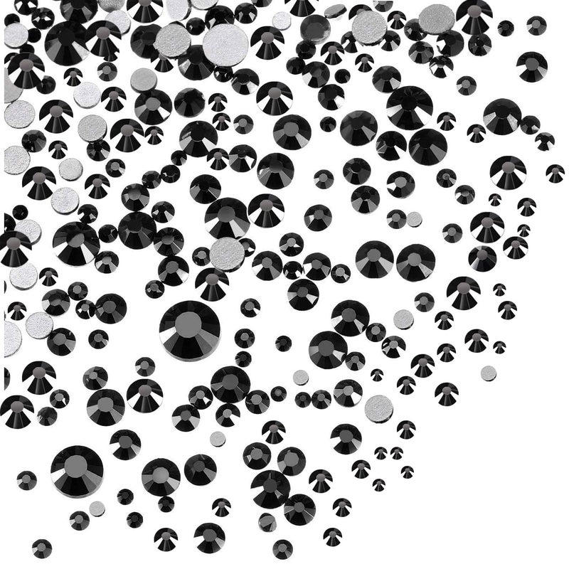 AD Beads 1440 Pieces Mixed Size No Hotfix Glue on Quality Glass Flatback Rhinestones Round Crystal Gems (03 Jet Black) - Image 1
