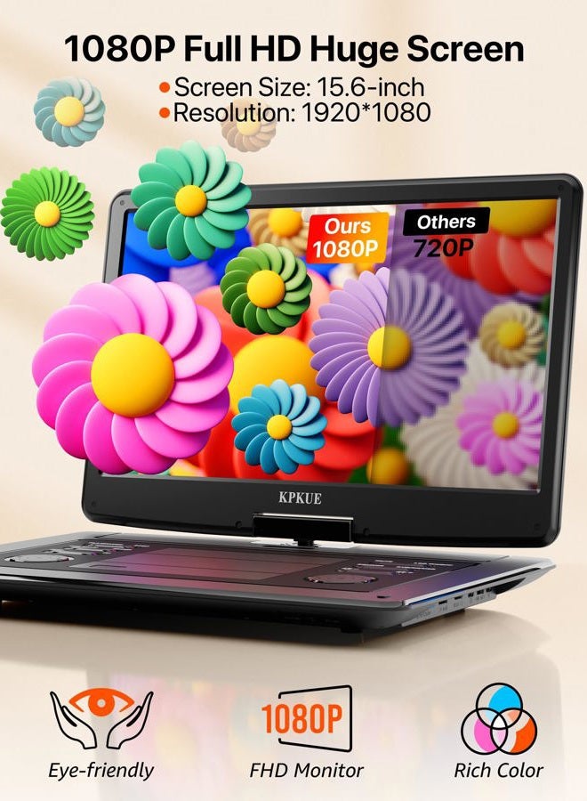 KPKUE 15.6" Portable DVD Player with FHD Screen -Large Swivel Display Provide In-car Entertainment, Built-in Long Battery Life, Supports Multiple Disc Formats,HDMI,USB,SD, Enjoys Dual-Speaker Music Anywhere - Image 2