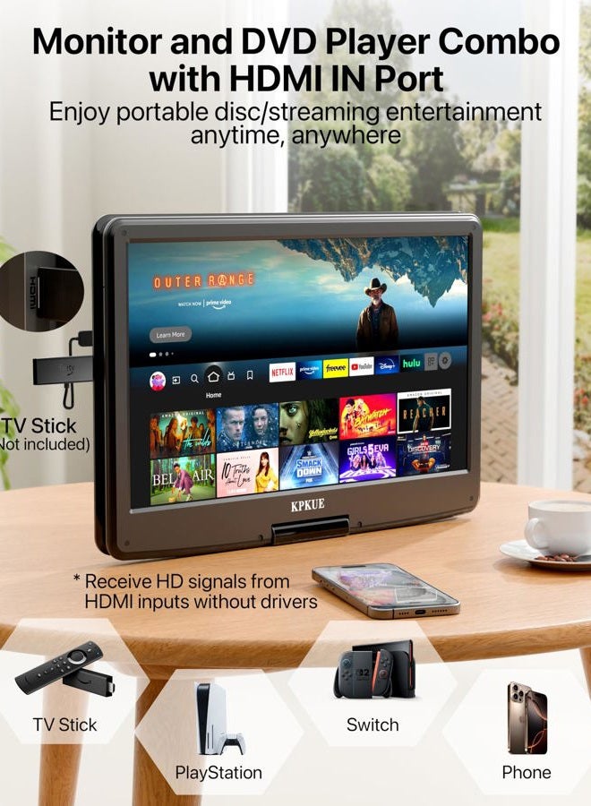 KPKUE 15.6" Portable DVD Player with FHD Screen -Large Swivel Display Provide In-car Entertainment, Built-in Long Battery Life, Supports Multiple Disc Formats,HDMI,USB,SD, Enjoys Dual-Speaker Music Anywhere - Image 3