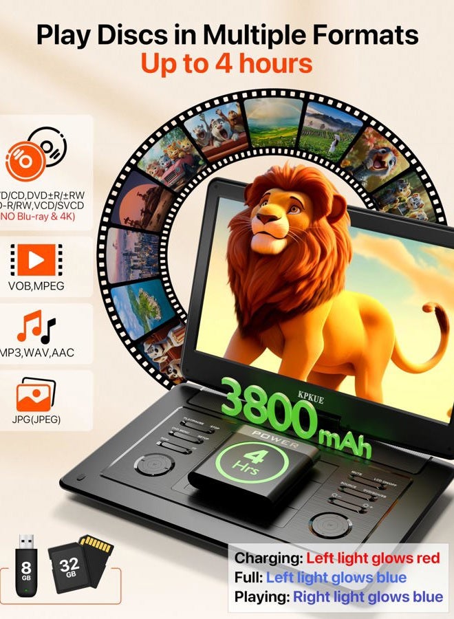KPKUE 15.6" Portable DVD Player with FHD Screen -Large Swivel Display Provide In-car Entertainment, Built-in Long Battery Life, Supports Multiple Disc Formats,HDMI,USB,SD, Enjoys Dual-Speaker Music Anywhere - Image 4