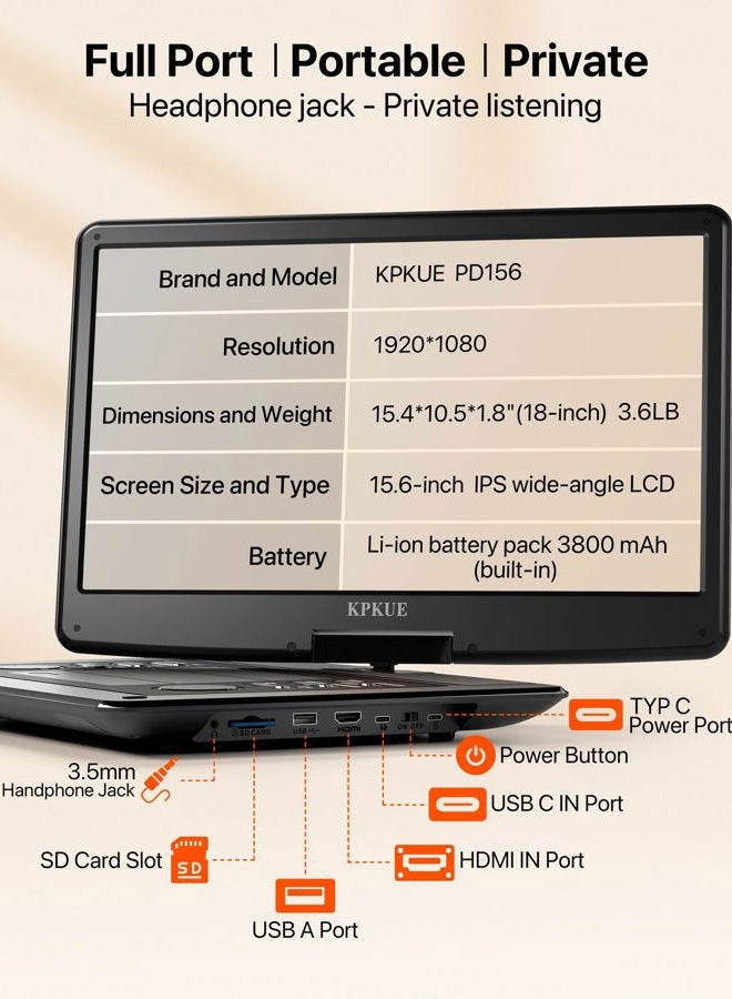 KPKUE 15.6" Portable DVD Player with FHD Screen -Large Swivel Display Provide In-car Entertainment, Built-in Long Battery Life, Supports Multiple Disc Formats,HDMI,USB,SD, Enjoys Dual-Speaker Music Anywhere - Image 5