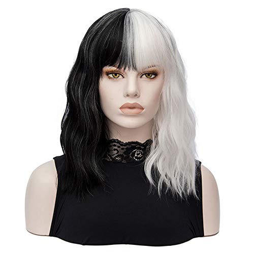 QACCF Short Wavy Shoulder Length Women Full Bang Heat Resistant Wig (Black and White) - Image 1