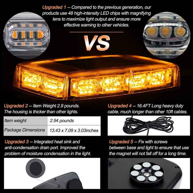 ASPL [Upgraded 5] 48LED Roof Top Strobe Lights, High Visibility Emergency Safety Warning LED Mini Strobe Light bar with Magnetic Base for 12-24V Snow Plow, Trucks, Construction Vehicles (Amber) - Image 2