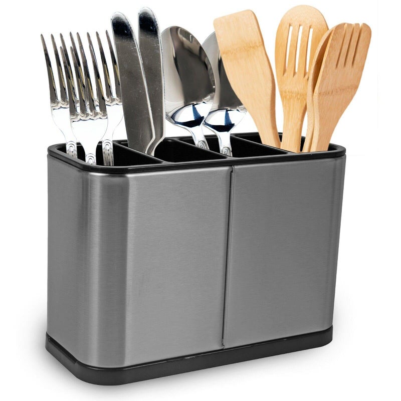Kitchen Cutlery Holder Stainless Steel Utensil Holder Weighted Base for All Kitchens Countertop Or Table Flatware Organizer Utensil Crock Holder Caddy 4 Divider Drip Tray 18x13x8.6cm