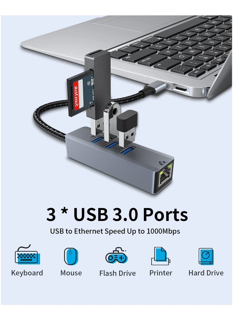 SYOSI SYOSI USB C to Ethernet Adapter, USB C to RJ45 1000 Mbps Gigabit Ethernet Adapter, USB C Thunderbolt 3/4 to 3 Port USB 3.0 Hub for Laptop, Smart TV, for Windows/Mac OS/Surface Pro/Linux/XPS  - Image 3
