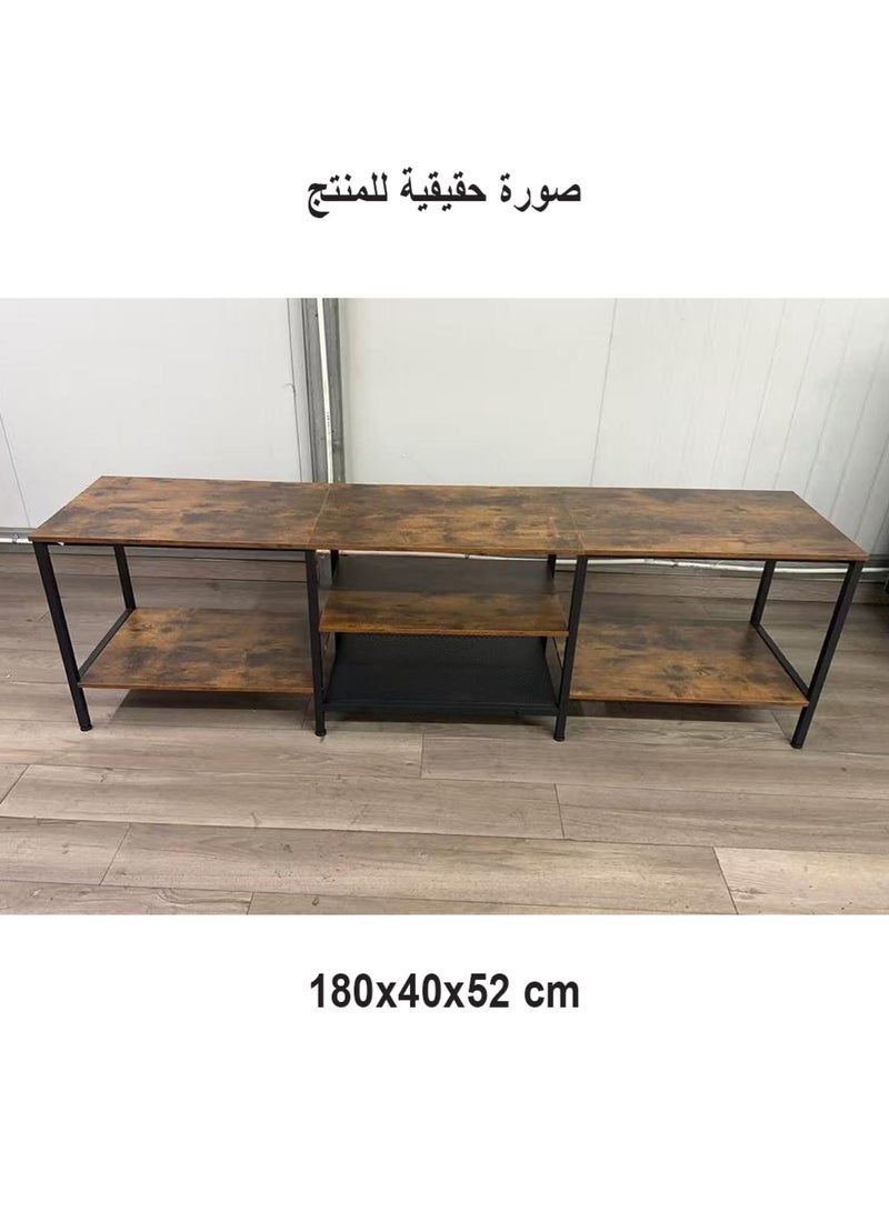 إيه جي دي طاولة تلفزيون متعددة الوظائف لغرفة المعيشة المنزلية، مقاس 180*40*52 سم تدعم حتى 75 بوصة، تصميم مفتوح بإطار معدني وأرفف لعرض وتخزين الأغراض المختلفة / لون بني - Image 5