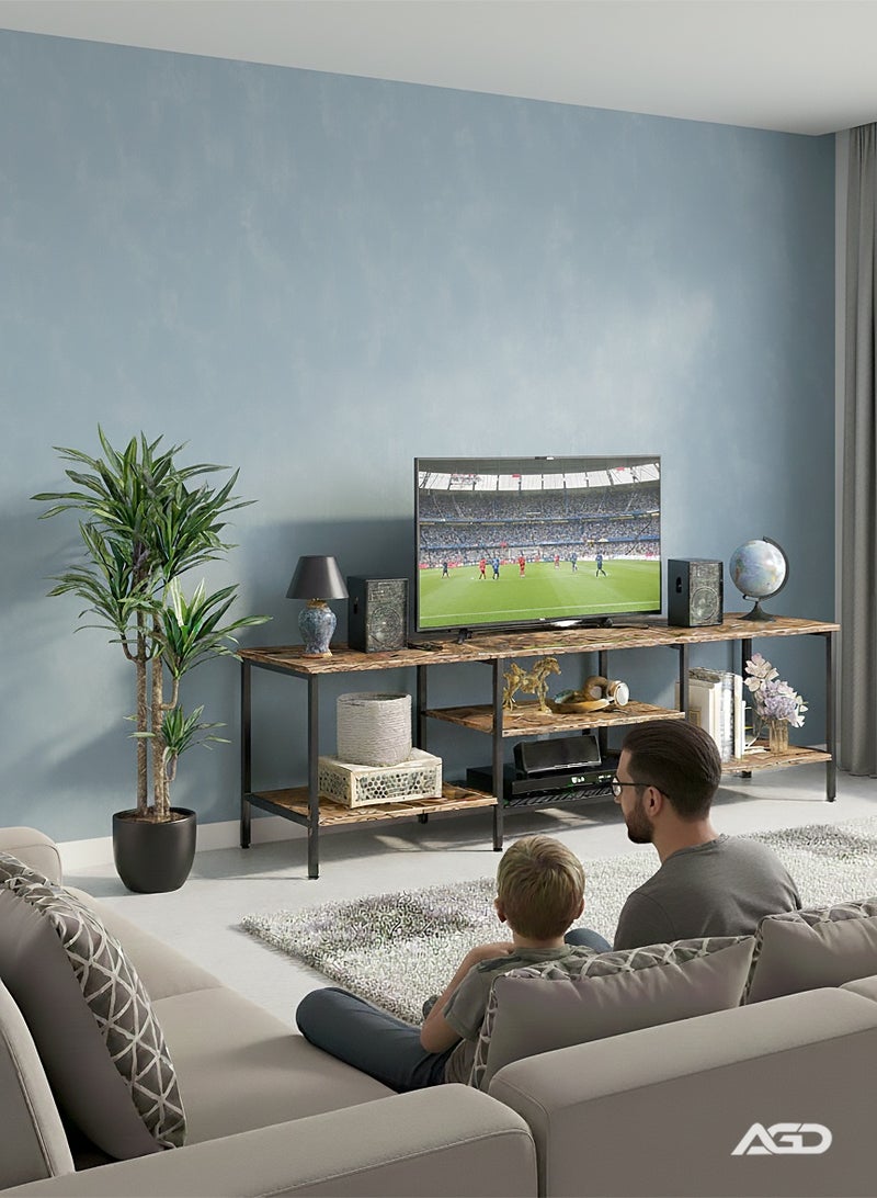 إيه جي دي طاولة تلفزيون متعددة الوظائف لغرفة المعيشة المنزلية، مقاس 180*40*52 سم تدعم حتى 75 بوصة، تصميم مفتوح بإطار معدني وأرفف لعرض وتخزين الأغراض المختلفة / لون بني - Image 3