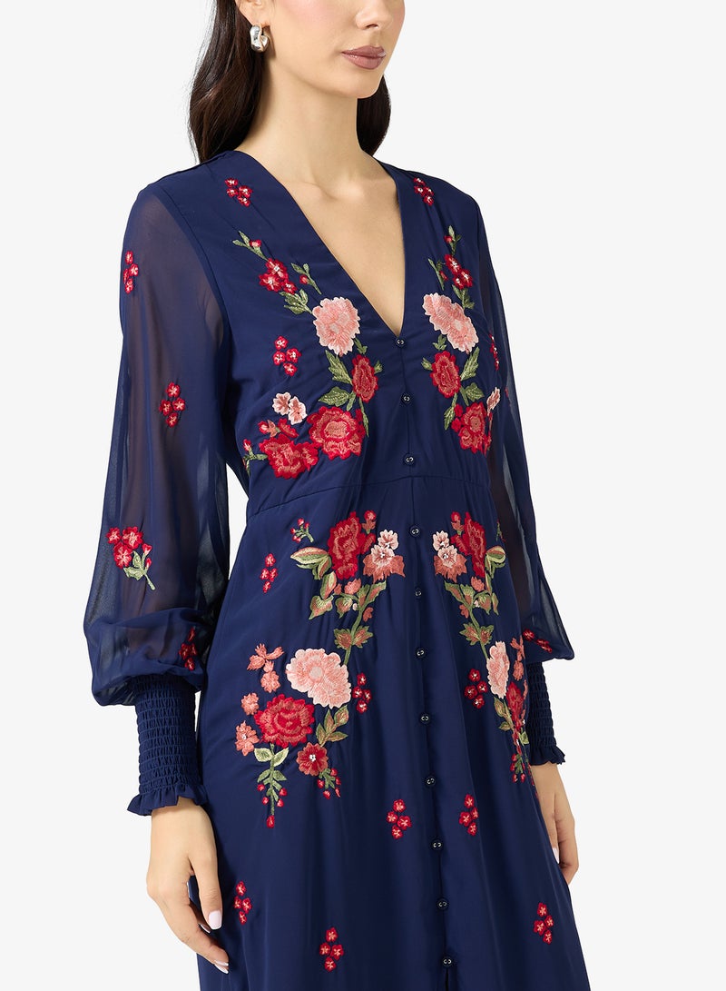 Hope & Ivy Long Sleeve Embroidered V-Neck Front Slit Midi Dress - Image 3