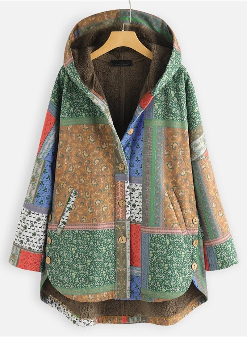 Loquat Autumn And Winter Thick Printed Women's Hooded Slim-Fit Long Warm Coat Green  - Image 1