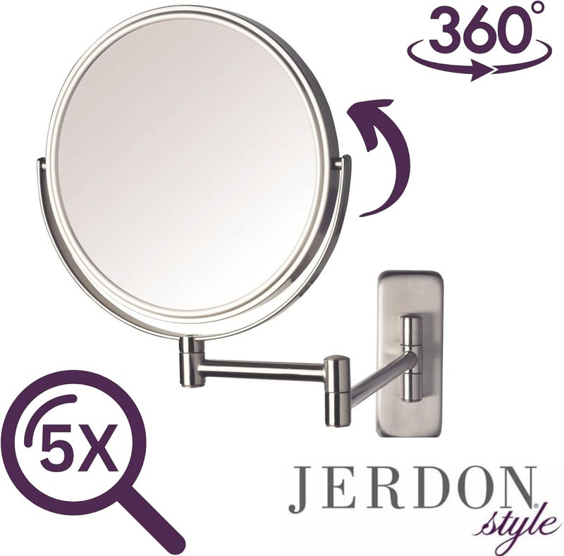 Jerdon Two-Sided Wall Mounted Makeup Mirror with Nickel Finish - 5X/1X Magnification, 8-Inch Diameter, Extends 13.5 Inches - Model JP7506N - Image 5