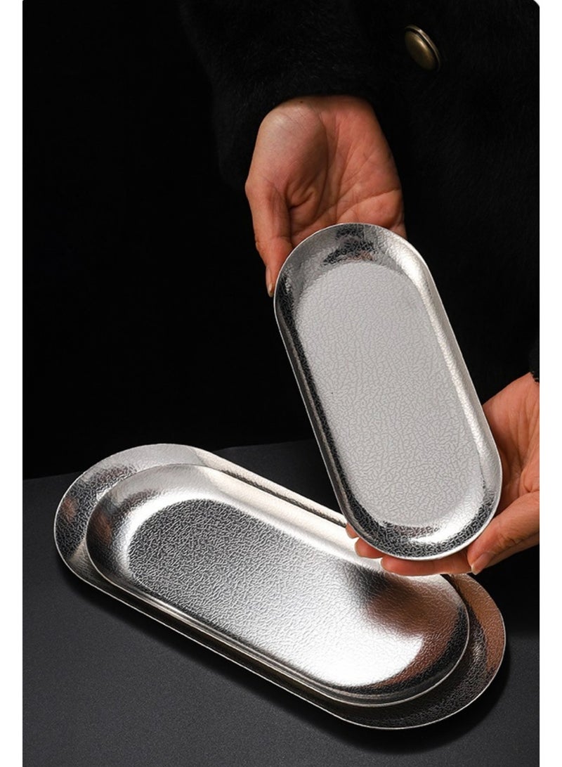AuliceVerse 3-Piece Silver Brushed Texture Stainless Steel Tray Set - Small/Medium/Large Oval Serving Trays, Food-Grade & Shatterproof for Home/Party/Café - Image 2