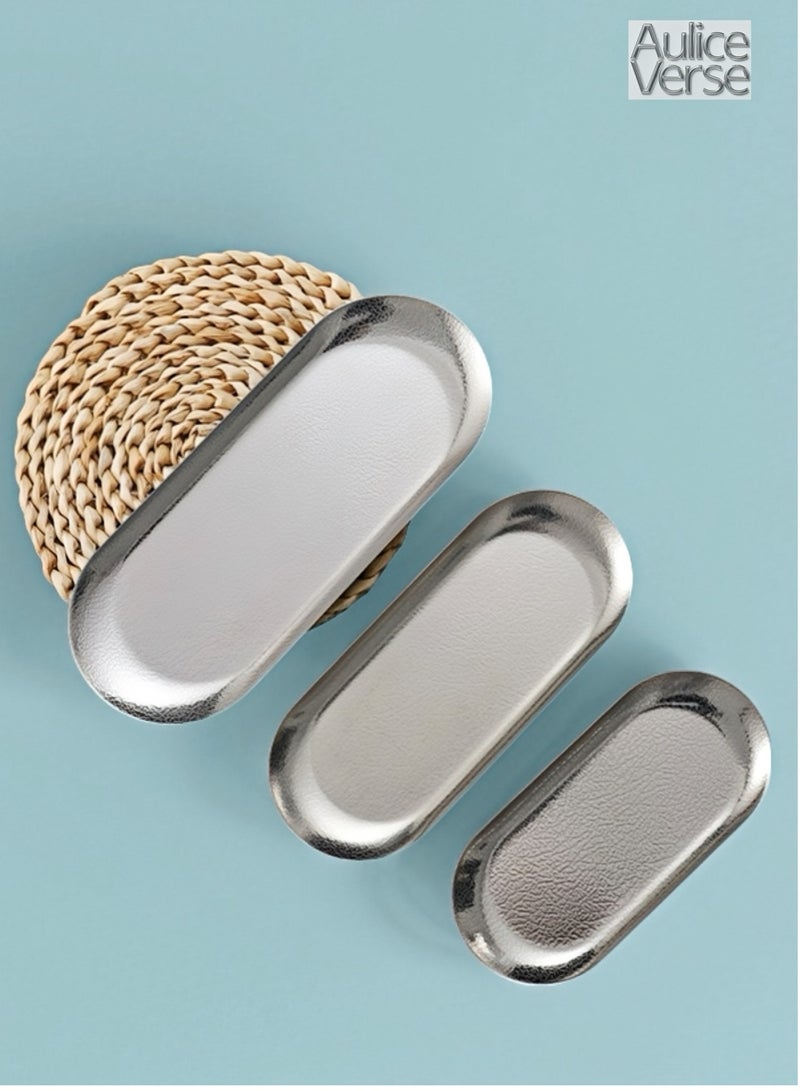 أوليس فيرس  مجموعة من 3 صواني فولاذ مقاوم للصدأ بملمس ندفة الثلج الفضي - صواني تقديم بيضاوية صغيرة/متوسطة/كبيرة، آمنة للطعام ومقاومة للكسر للمنزل والحفلات - Image 1