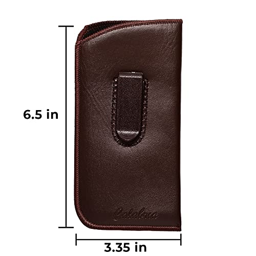 Calabria Slim Faux Leather Eyeglass Case Soft Slip-In Design [Brown with Clip - 1 Pack] | Compact Protective Pouch | Soft Case for Glasses | Lightweight Sunglass Storage - Image 4
