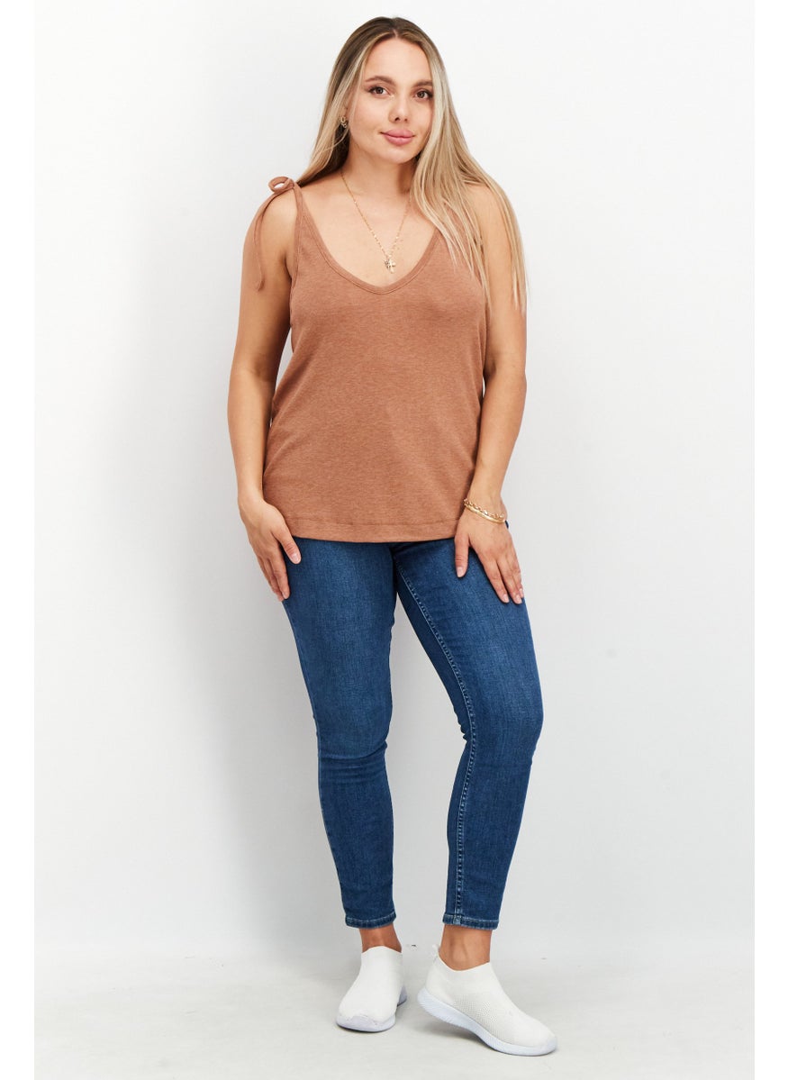 Splendid - Women V Neck Tie Sleeve Solid Tops, Brown - Image 1