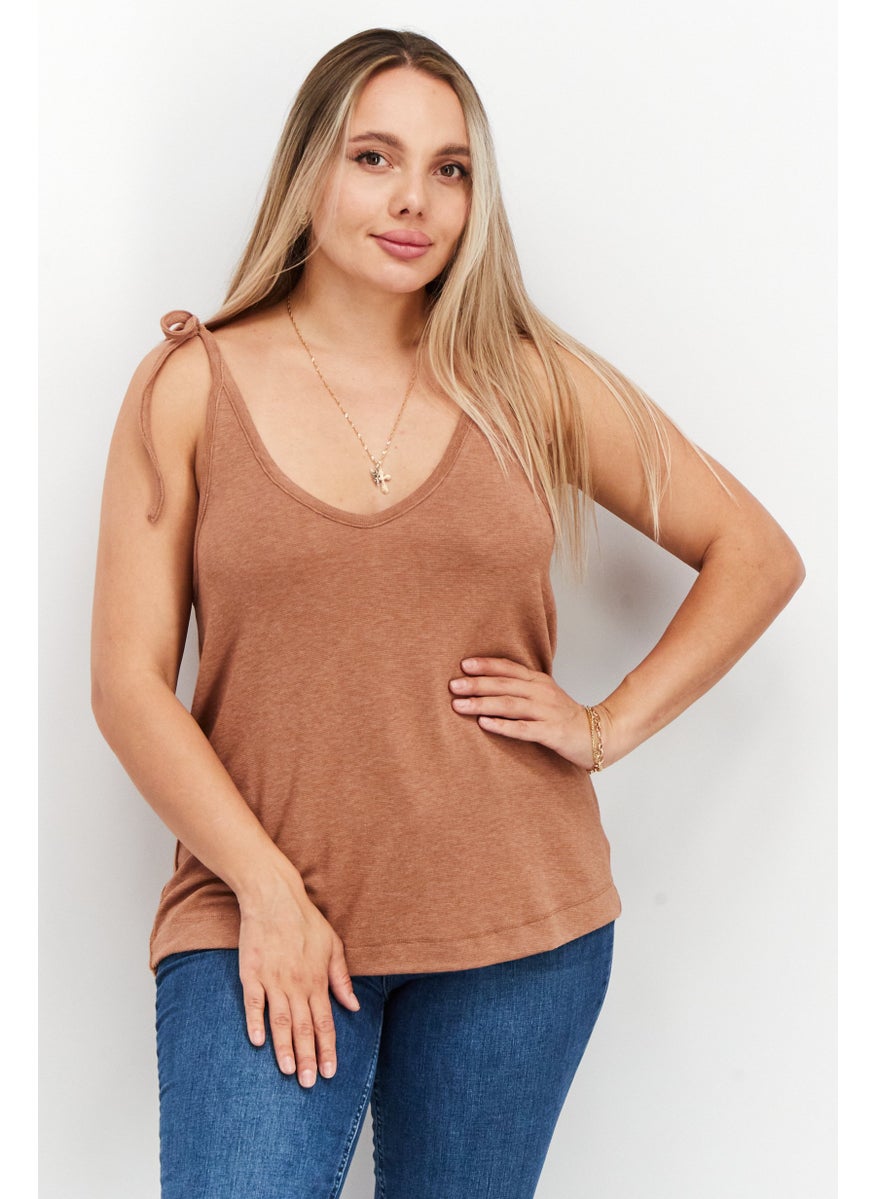 Splendid - Women V Neck Tie Sleeve Solid Tops, Brown - Image 1