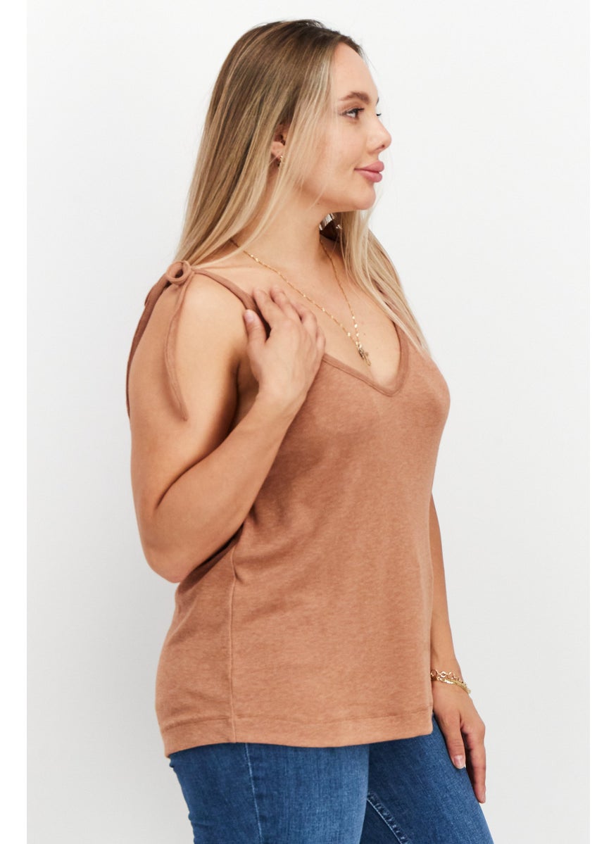 Splendid - Women V Neck Tie Sleeve Solid Tops, Brown - Image 1