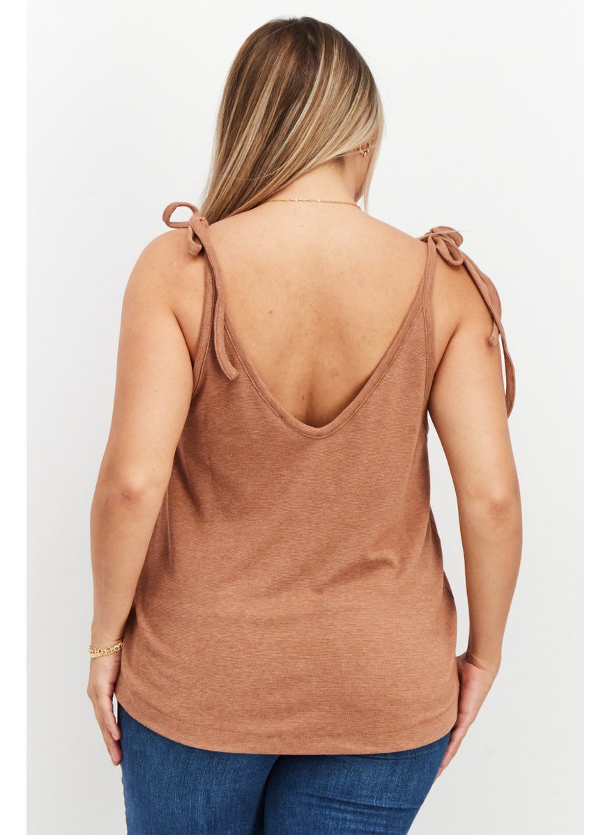 Splendid - Women V Neck Tie Sleeve Solid Tops, Brown - Image 1