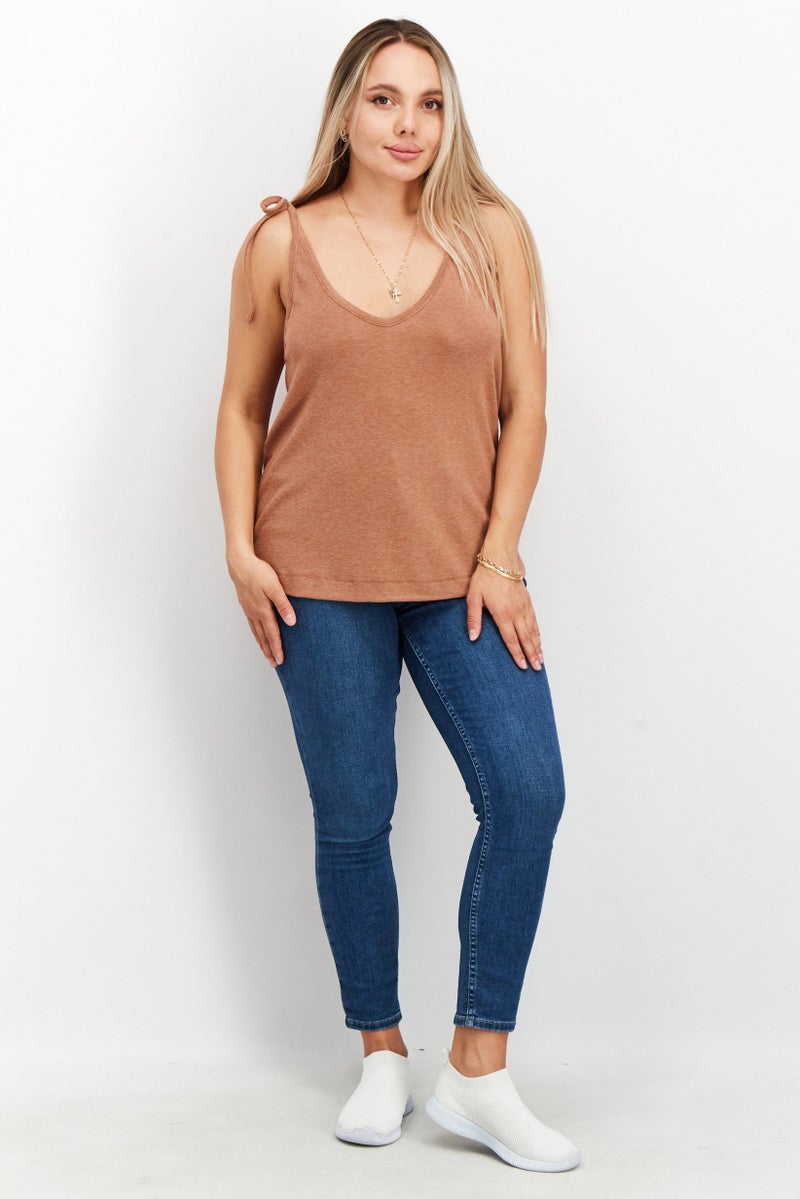 Splendid Women V Neck Tie Sleeve Solid Tops, Brown - Image 4