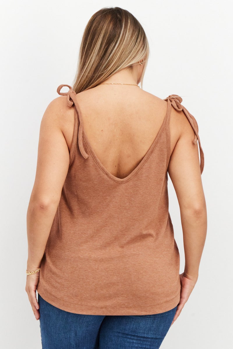 Splendid Women V Neck Tie Sleeve Solid Tops, Brown - Image 2