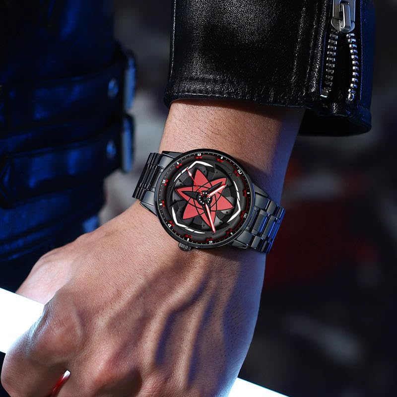 CERO Men’s Black Analog Watch with Red Rotating Star Dial | Durable Stainless Steel Strap | Ninja Wheel Dial 360 Rotating Casual Fashion (Red) - Image 3