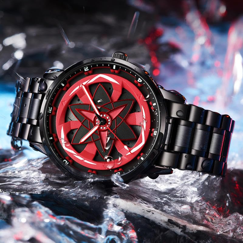 CERO Men’s Black Analog Watch with Red Rotating Star Dial | Durable Stainless Steel Strap | Ninja Wheel Dial 360 Rotating Casual Fashion (Red) - Image 2