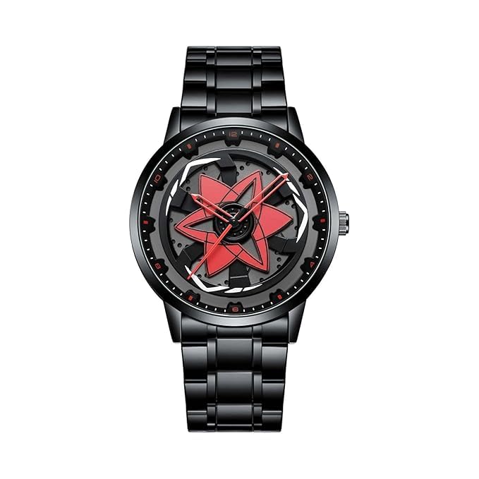 CERO Men’s Black Analog Watch with Red Rotating Star Dial | Durable Stainless Steel Strap | Ninja Wheel Dial 360 Rotating Casual Fashion (Red) - Image 1