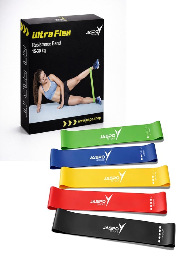 جاسبو مجموعة أربطة مقاومة JASPO Ultra Flex مكونة من 5 قطع - أربطة تمارين لاتكس صغيرة الحلقات لتمارين المؤخرة والوركين والأرداف والساقين | أربطة مطاطية لليوغا والبيلاتس والسكوات وتمارين القوة وصالة الألعاب الرياضية المنزلية | متعددة الألوان - Image 1