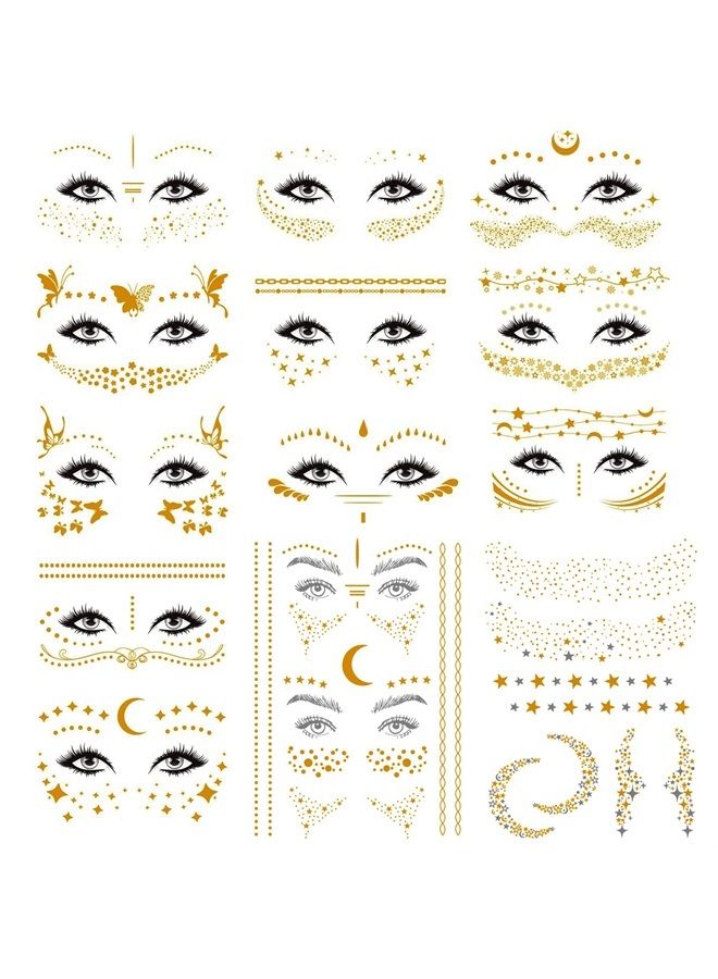Kotbs Face Gold Temporary Tattoos, 11-Sheet Middle Size Metallic Temporary Face Tattoos for Women and 2-Sheet Large Face Decals Freckle Tattoo Stickers, Gold Face jewels Face Stickers for Festival Tat - Image 1