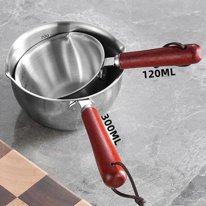2 Packs Oil Pot and Milk Pan - Stainless Steel Mini Hot Pot, Small Saucepan for Frying Eggs, Butter Melting - Wooden Handle (120ml, 300ml) - Image 2