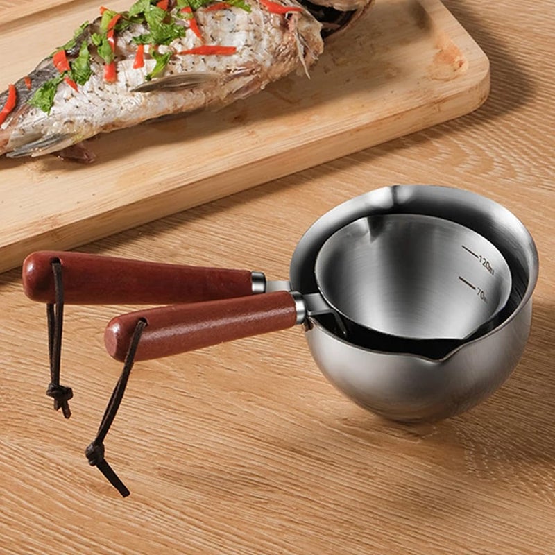 2 Packs Oil Pot and Milk Pan - Stainless Steel Mini Hot Pot, Small Saucepan for Frying Eggs, Butter Melting - Wooden Handle (120ml, 300ml) - Image 1