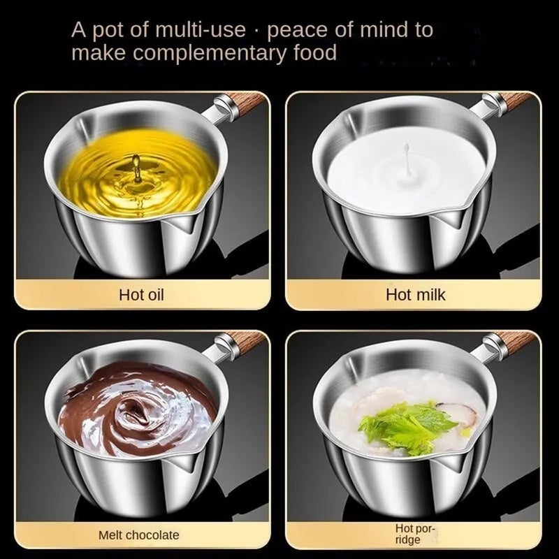 2 Packs Oil Pot and Milk Pan - Stainless Steel Mini Hot Pot, Small Saucepan for Frying Eggs, Butter Melting - Wooden Handle (120ml, 300ml) - Image 4