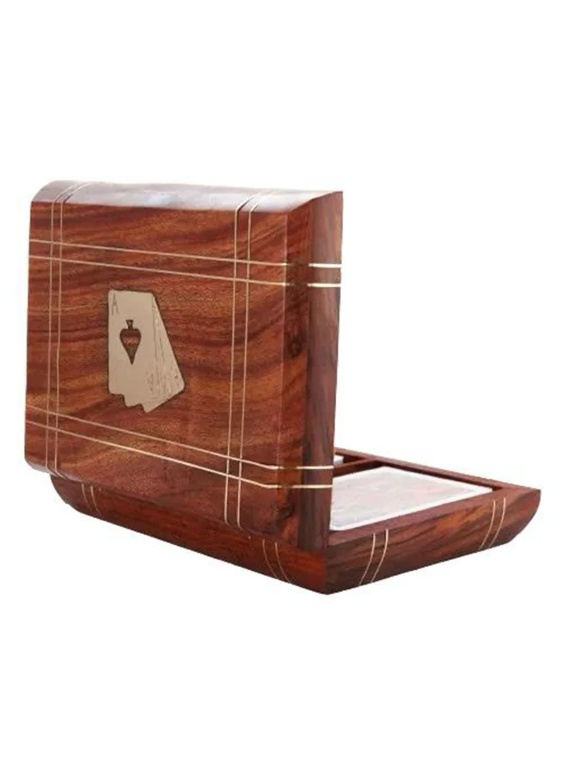 كويزيرا handmade solid wood brown playing card box with 2 golden card deck