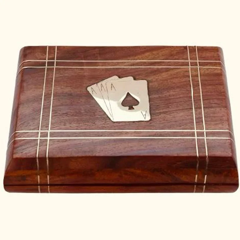 كويزيرا صندوق ورق لعب خشبي صلب بني يدوي الصنع مع مجموعتي ورق ذهبيتين