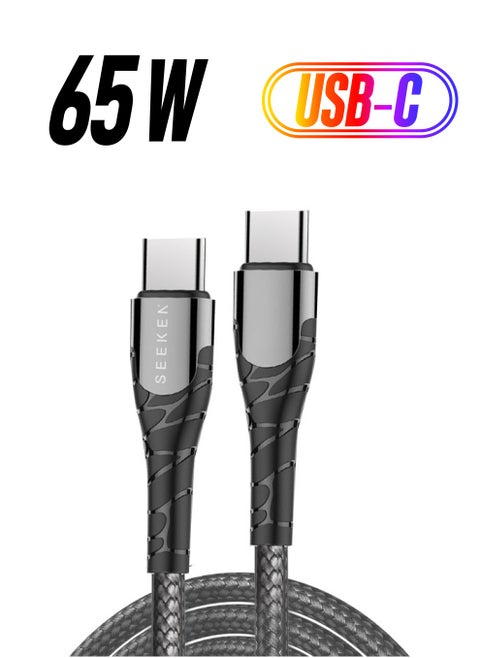 كابل شاحن SEEKEN 65 وات من نوع C إلى C بطول 1 متر - رمادي | شحن سريع | كابل مضفر | تصميم مميز | جودة عالية.