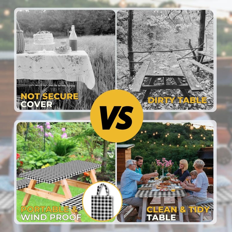 RNOONY Vinyl Fitted Picnic Table Cover with Bench Covers and Bag, 6ft Outdoor Waterproof Windproof Tablecloth with Elastic Edges. Camping RV Gear Campers Must Have 72x30 Inches 4 Pcs Set (Black) - Image 5
