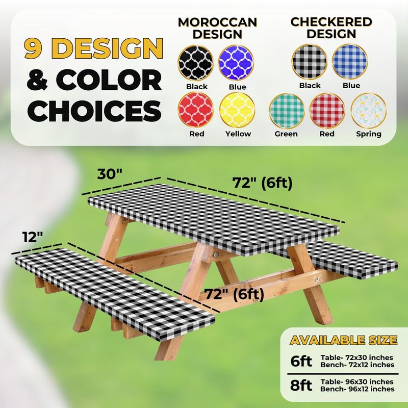 RNOONY Vinyl Fitted Picnic Table Cover with Bench Covers and Bag, 6ft Outdoor Waterproof Windproof Tablecloth with Elastic Edges. Camping RV Gear Campers Must Have 72x30 Inches 4 Pcs Set (Black) - Image 2