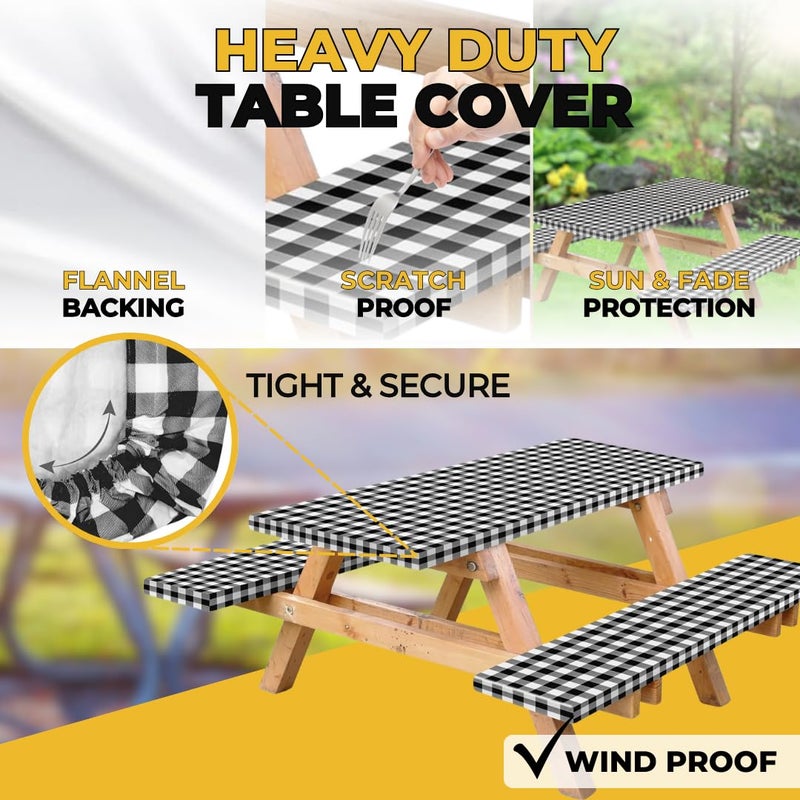 RNOONY Vinyl Fitted Picnic Table Cover with Bench Covers and Bag, 6ft Outdoor Waterproof Windproof Tablecloth with Elastic Edges. Camping RV Gear Campers Must Have 72x30 Inches 4 Pcs Set (Black) - Image 4