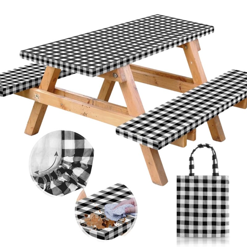 RNOONY Vinyl Fitted Picnic Table Cover with Bench Covers and Bag, 6ft Outdoor Waterproof Windproof Tablecloth with Elastic Edges. Camping RV Gear Campers Must Have 72x30 Inches 4 Pcs Set (Black) - Image 1