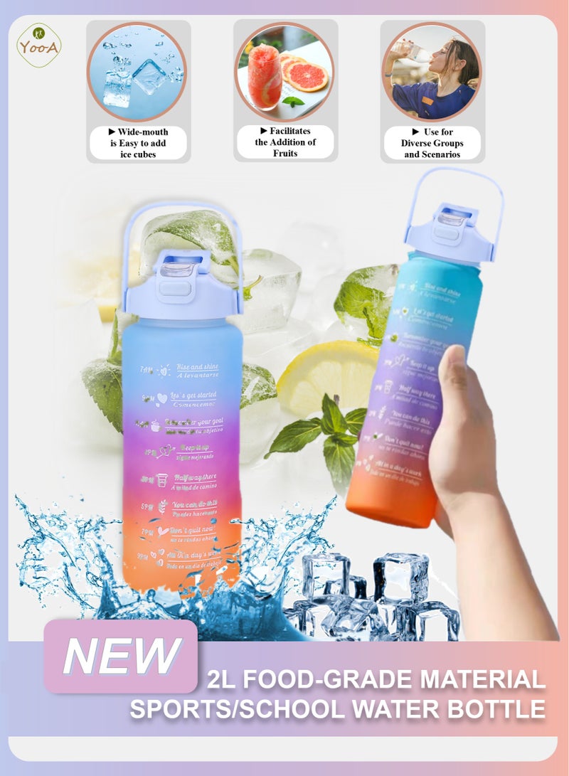 YooA Motivational Large 2L Food-Grade Material Sports/School Water Bottle | Removable Straw, Handle, Time Markers, Food-Grade PC, Durable and Anti-Slip for School, Gym, Outdoors (Purple, Blue, Orange)  - Image 1