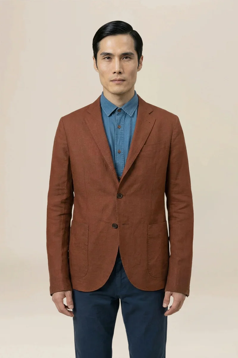دوبل غانغر Men's unlined jacket, 100% linen, regular fit - Rust