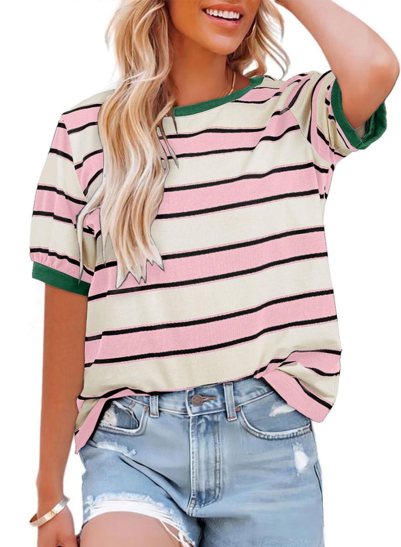 Lafural Womens Tops Cotton Casual Color Block Striped Short Sleeve Shirts Crewneck T Shirts Loose Basic Tee Blouses Pink White XL - Image 1
