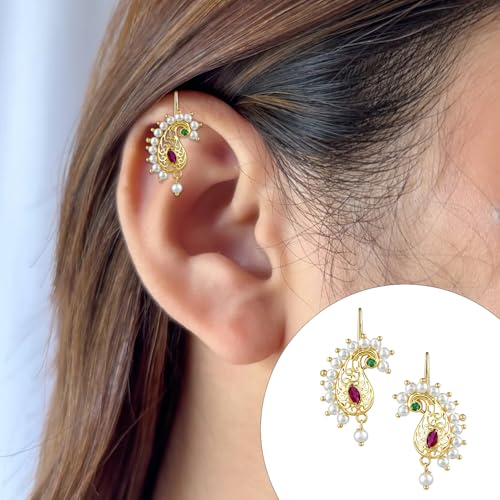 VAMA FASHIONS Traditional Maharashtrian marathi Peacock Shape Pressing Bugadi Upper Ear Bugatti Clip on Earrings for Women & Girls (Peacock Bugadi) - Image 2