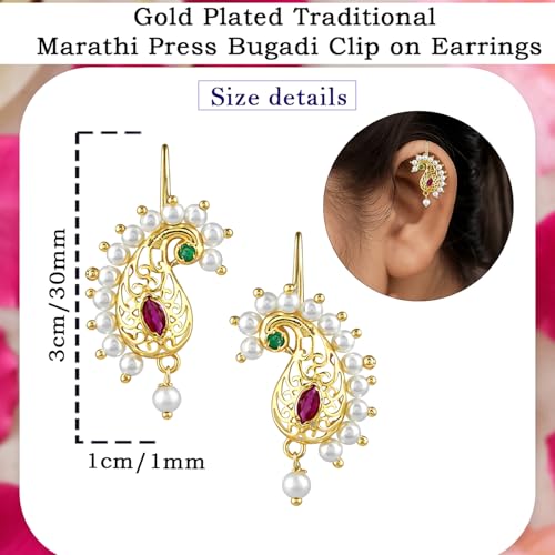 VAMA FASHIONS Traditional Maharashtrian marathi Peacock Shape Pressing Bugadi Upper Ear Bugatti Clip on Earrings for Women & Girls (Peacock Bugadi) - Image 3