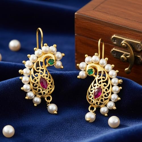 VAMA FASHIONS Traditional Maharashtrian marathi Peacock Shape Pressing Bugadi Upper Ear Bugatti Clip on Earrings for Women & Girls (Peacock Bugadi) - Image 4