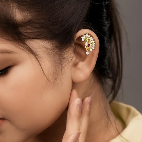 VAMA FASHIONS Traditional Maharashtrian marathi Peacock Shape Pressing Bugadi Upper Ear Bugatti Clip on Earrings for Women & Girls (Peacock Bugadi) - Image 5