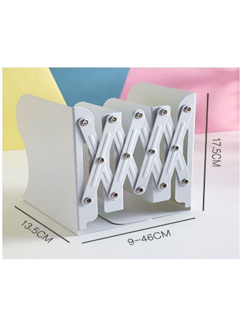 Y&D - Adjustable Bookend Retractable Book Support Stand Telescopic Metal BookshelfBinder Organizer for Desk Expandable Ends to Hold Books Bookends Shelves Office, White - Image 1