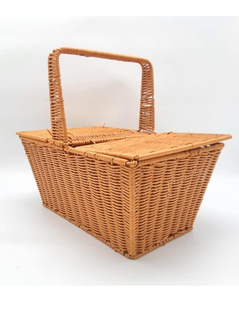 HOME TASTE TOMSUN Hand-Woven Wicker Picnic Basket Square Double Lidded Fruit Basket with Handle Storage Organizer Ideal for Holiday, Camping, and Home Decor  - Image 1