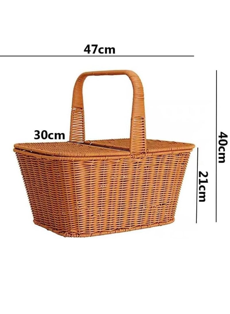 HOME TASTE TOMSUN Hand-Woven Wicker Picnic Basket Square Double Lidded Fruit Basket with Handle Storage Organizer Ideal for Holiday, Camping, and Home Decor  - Image 2