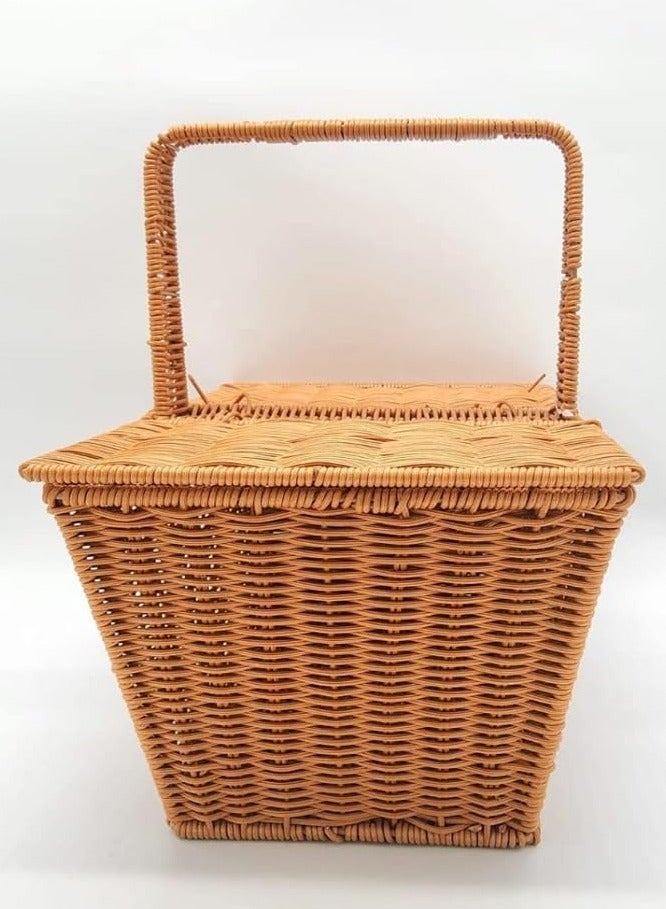 HOME TASTE TOMSUN Hand-Woven Wicker Picnic Basket Square Double Lidded Fruit Basket with Handle Storage Organizer Ideal for Holiday, Camping, and Home Decor  - Image 3